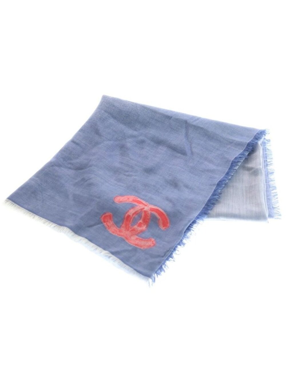 Chanel CC&camellia Logo Scarf CC Large Shawl Fringe Cashmere Silk Blue